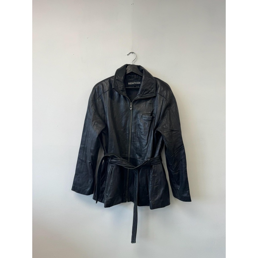 Kenneth‎ Cole Reaction Jacket Womens Large Black Belted Zip Leather Coat Moto